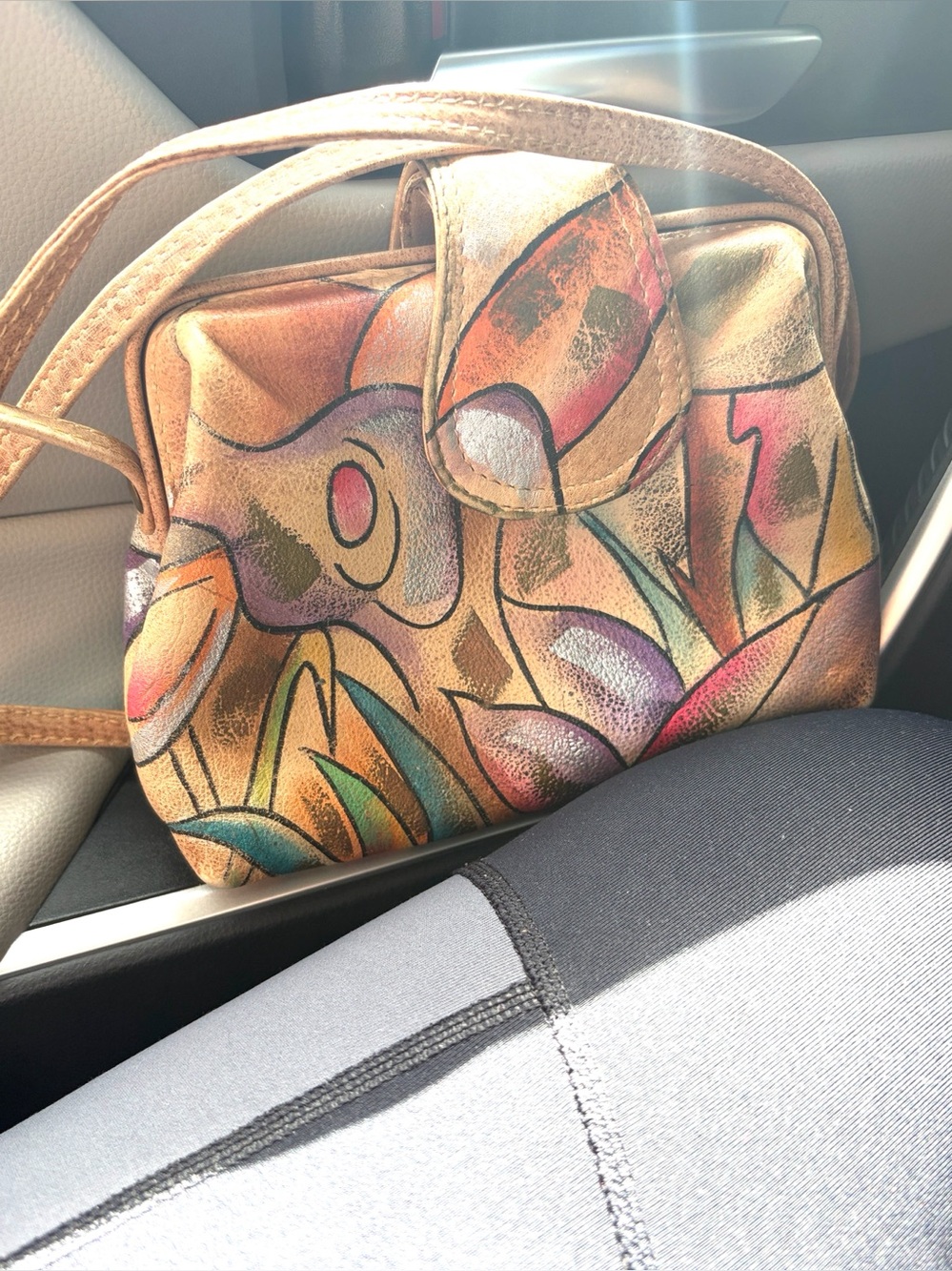Vintage 1980's Leather Sam Sam Purse Hand-Painted Floral Crossbody Bag
